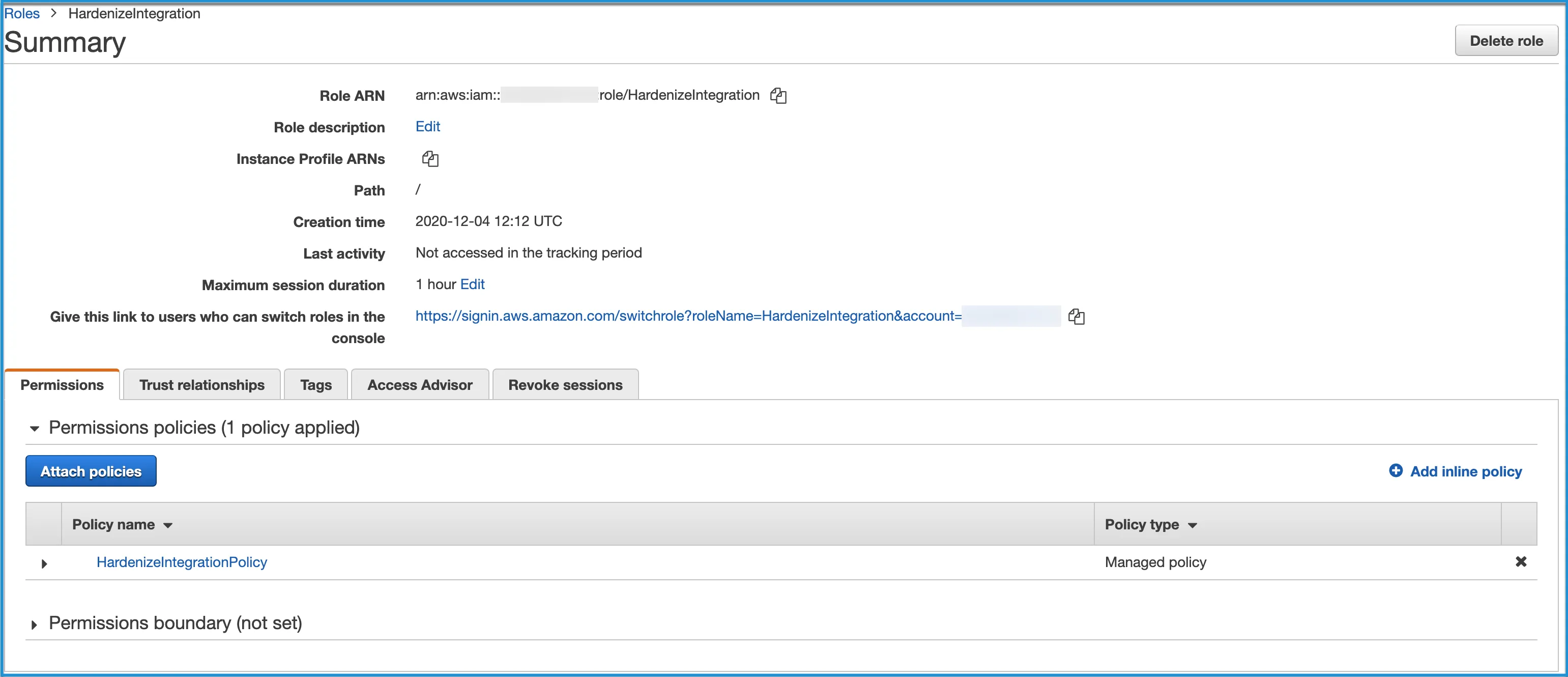 AWS IAM role configuration showing the Role ARN with the Account ID