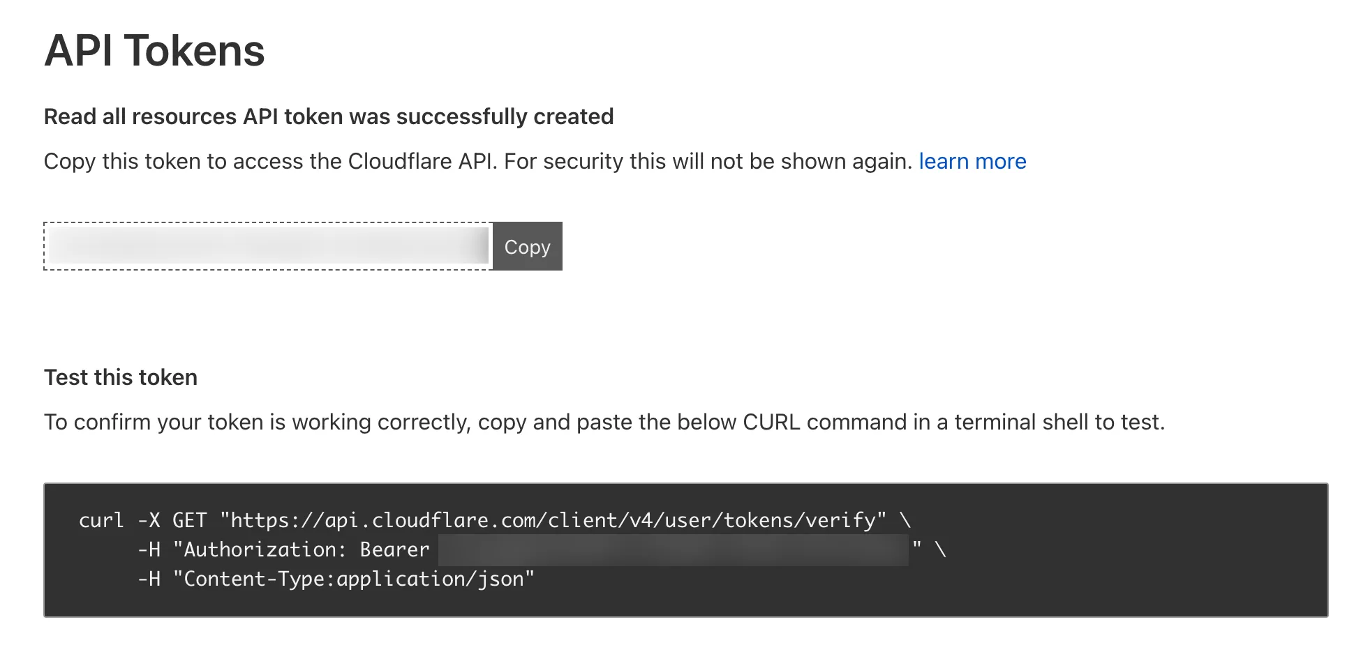 Cloudflare API token created confirmation screen