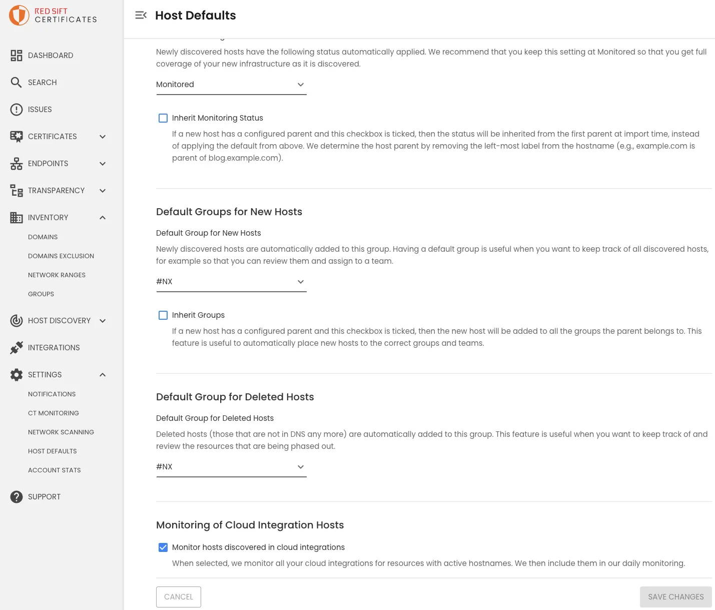Host Defaults settings page showing cloud integration monitoring option