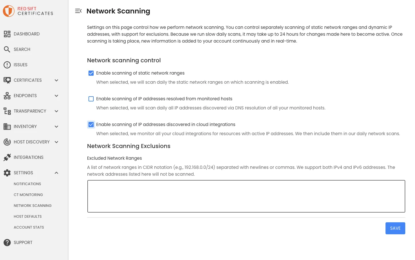 Network Scanning settings page showing cloud integration scanning option