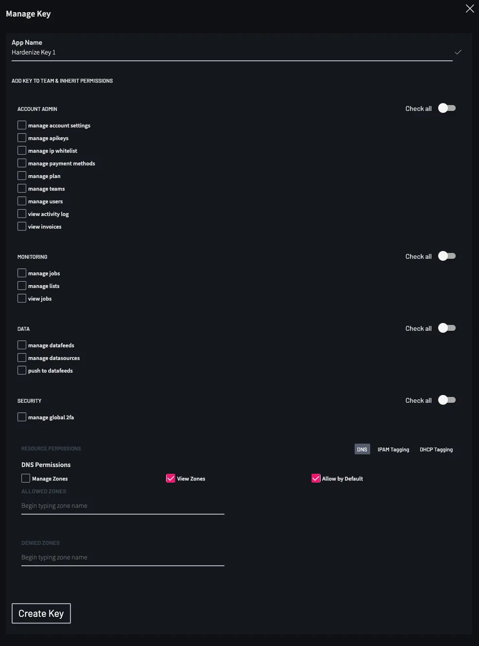 NS1 API key configuration with DNS permissions